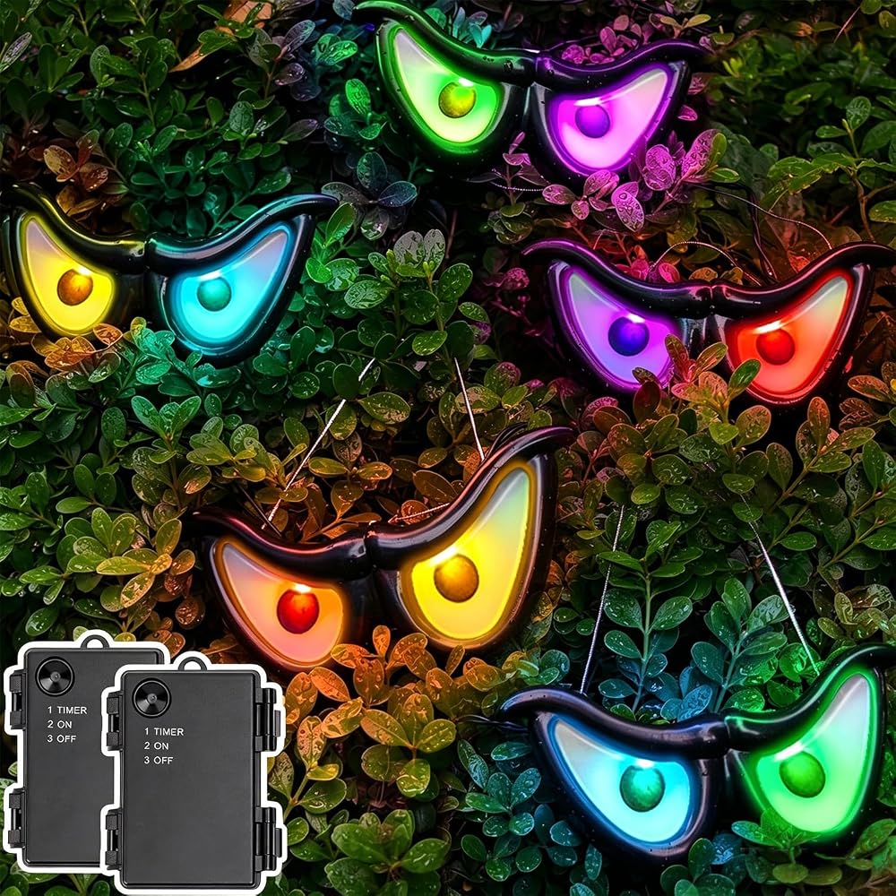 WATERGLIDE 2 Pack Halloween Flashing Spooky Eyes Lights, 5 Pairs Each Battery Operated Light Up Peeping Eyeball Auto Color Changing, Outdoor Halloween Decoration Yard Lawn Graveyard Scenes and Party