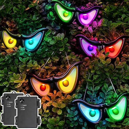 WATERGLIDE 2 Pack Halloween Flashing Spooky Eyes Lights, 5 Pairs Each Battery Operated Light Up Peeping Eyeball Auto Color Changing, Outdoor Halloween Decoration Yard Lawn Graveyard Scenes and Party