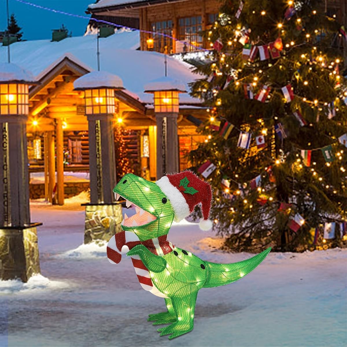 WATERGLIDE Lighted Christmas Green Dinosaur, 22.5 Inch Pre-Lit 3D Tinsel Tyrannosaurus Xmas Red Hat Outdoor Yard Decor, Light Up with Clear Lights & Plug in for Festive Holiday Garden Lawn Display - imagen de detalle 5