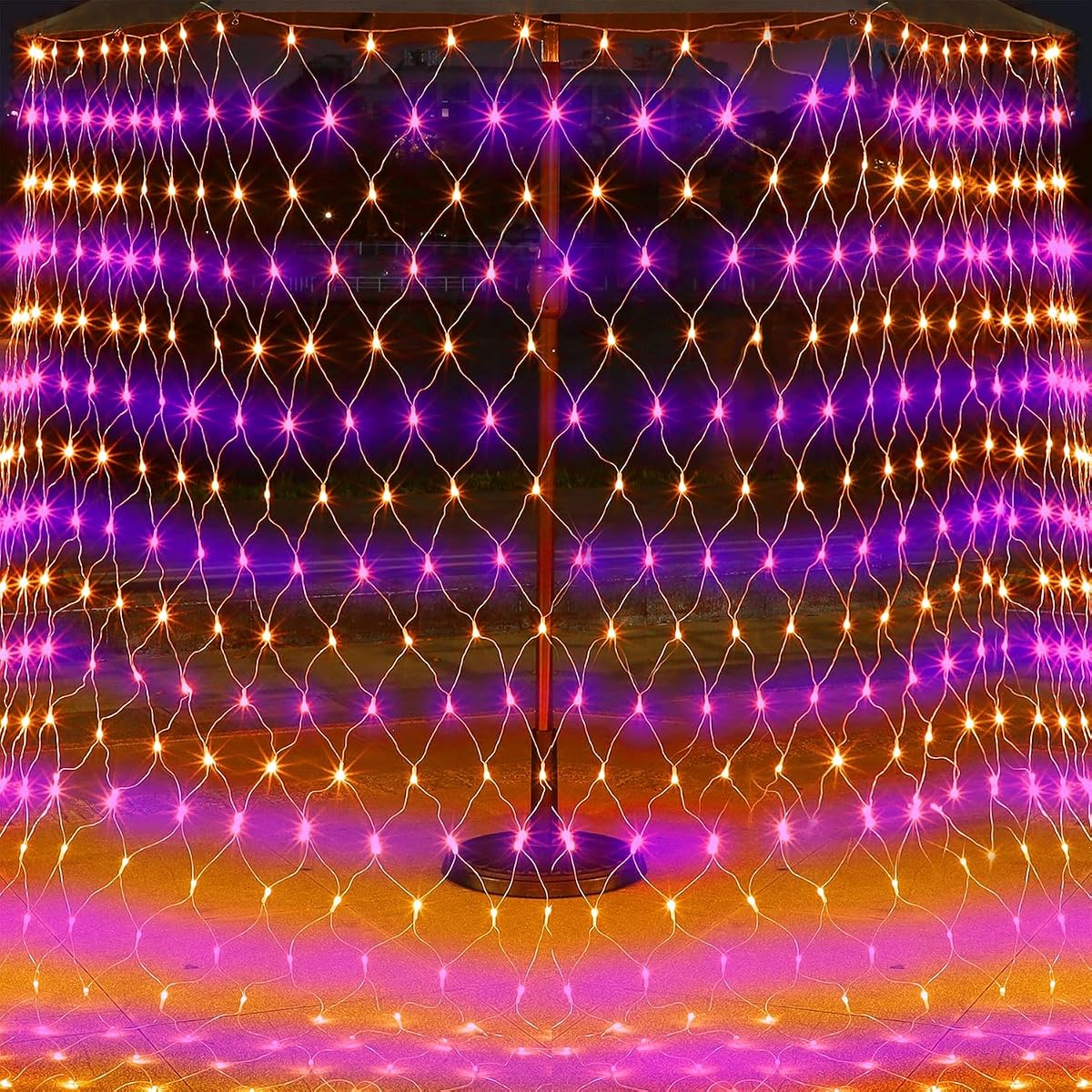 WATERGLIDE Outdoor Halloween Net Lights, 12FT x 5FT 360 LED Fairy String Light with 8 Lighting Modes, Connectable Light Safe Adaptor for Garden Tree Bushes Holiday Party Decorations, Orange & Purple - imagem de detalhe 1
