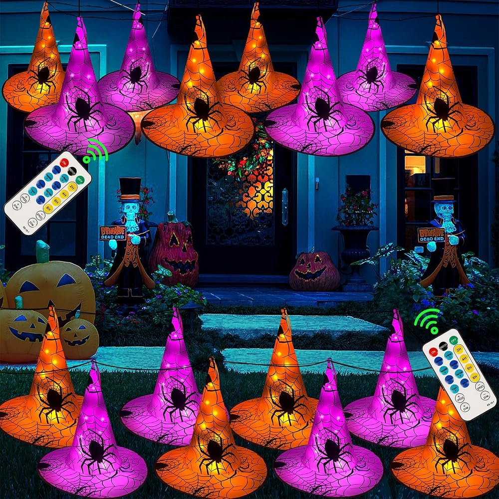 WATERGLIDE 2Pack Halloween Decorations, 8Pcs Each Lighted Hanging Witch Hats, Remote Control with 8 Modes Light Up 14 FT Halloween String Lights, for Indoor Outdoor Yard, Lawn, Graveyard Scenes Party