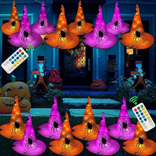 WATERGLIDE 2Pack Halloween Decorations, 8Pcs Each Lighted Hanging Witch Hats, Remote Control with 8 Modes Light Up 14 FT Halloween String Lights, for Indoor Outdoor Yard, Lawn, Graveyard Scenes Party