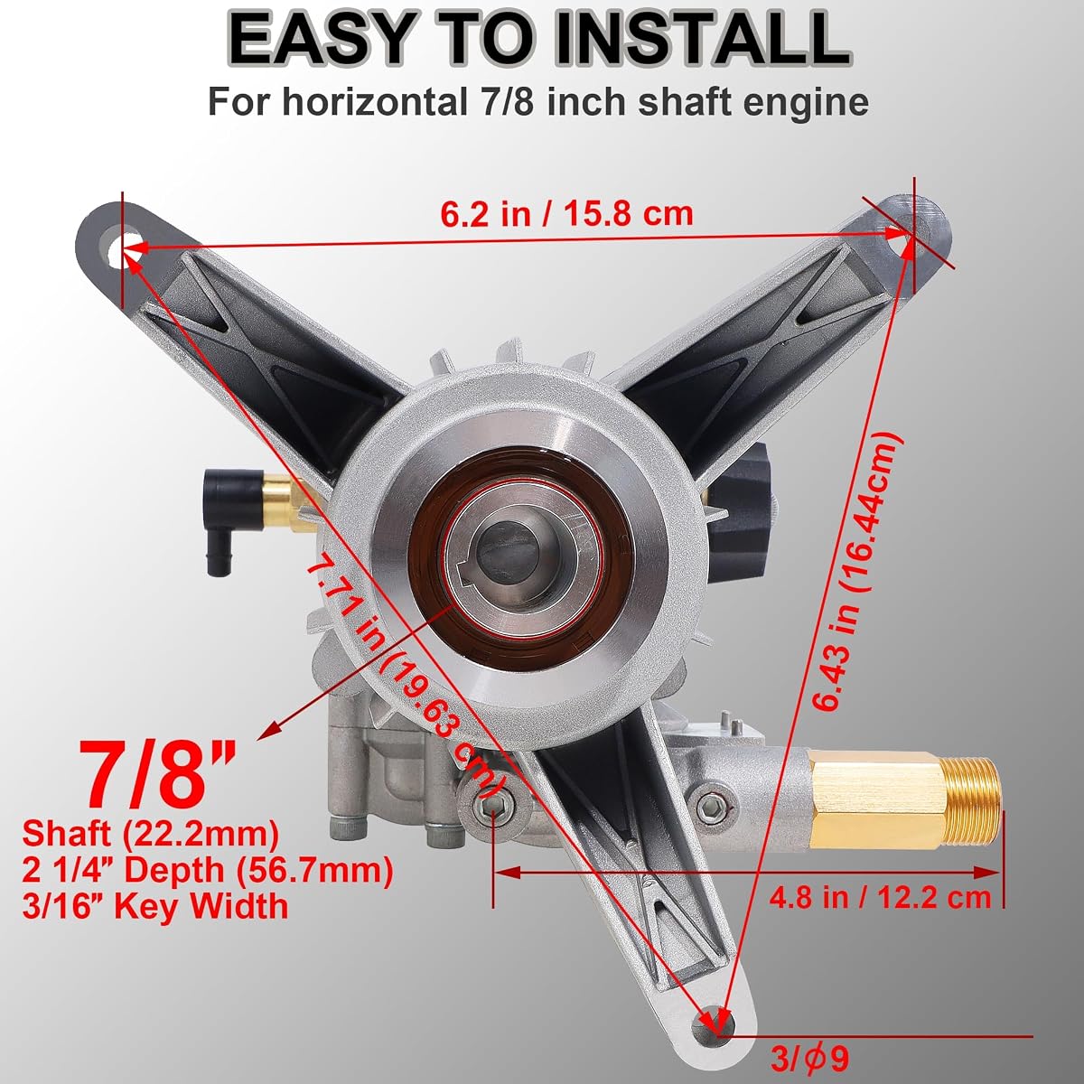 Biswing Pressure Washer Pump, 7/8" Shaft Vertical Plunger, 3400 PSI Max, 2.5 GPM, Replacement Pump for Gas Power Washer, Rear Facing Inlet/Outlet - imagem de detalhe 3