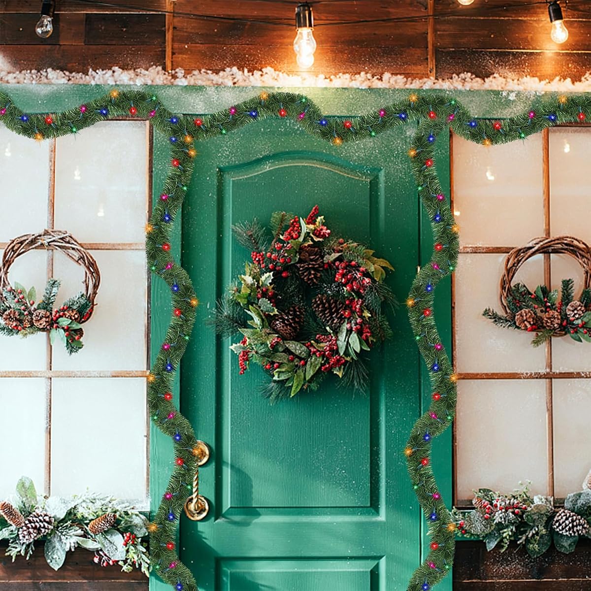 Biswing 15 FT Pre-lit Christmas Green Garland, Lighted Artificial Pine Garlands with 35 Count Multicolor Lights, Connectable & Light Up for Indoor Outdoor Gate Home Winter Holiday New Year Decor - imagen de detalle 5