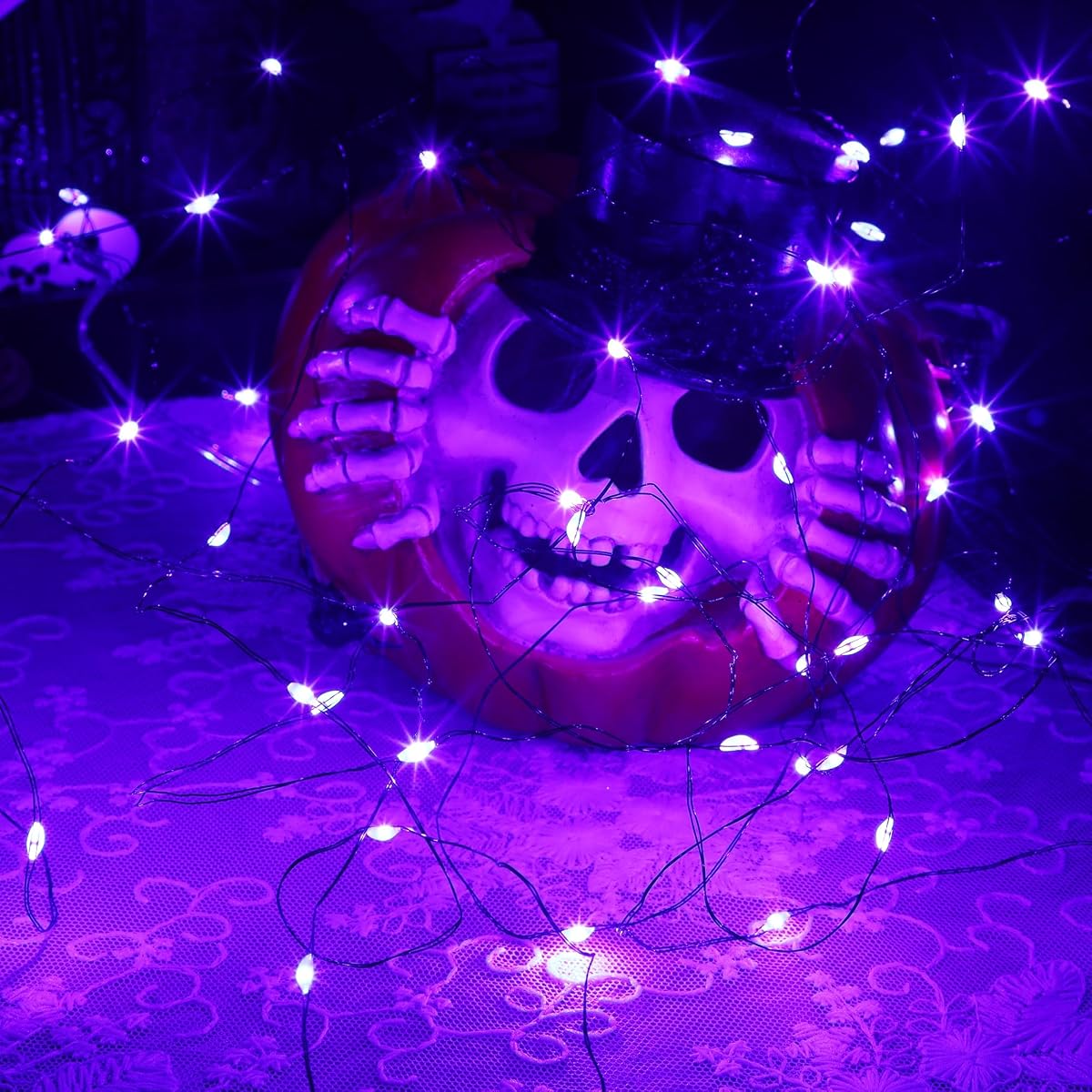 WATERGLIDE 12 Pack Halloween Fairy Lights Battery Operated (Included), 7 ft 20 LED Mini Firefly Starry String Lights, Waterproof Black Wire Light for DIY Mason Jar Table Halloween Decor, Purple - imagem de detalhe 5