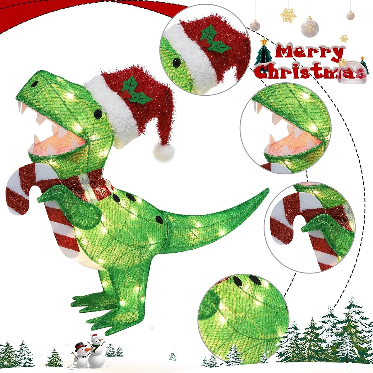 WATERGLIDE Lighted Christmas Green Dinosaur, 22.5 Inch Pre-Lit 3D Tinsel Tyrannosaurus Xmas Red Hat Outdoor Yard Decor, Light Up with Clear Lights & Plug in for Festive Holiday Garden Lawn Display - imagen de detalle 6