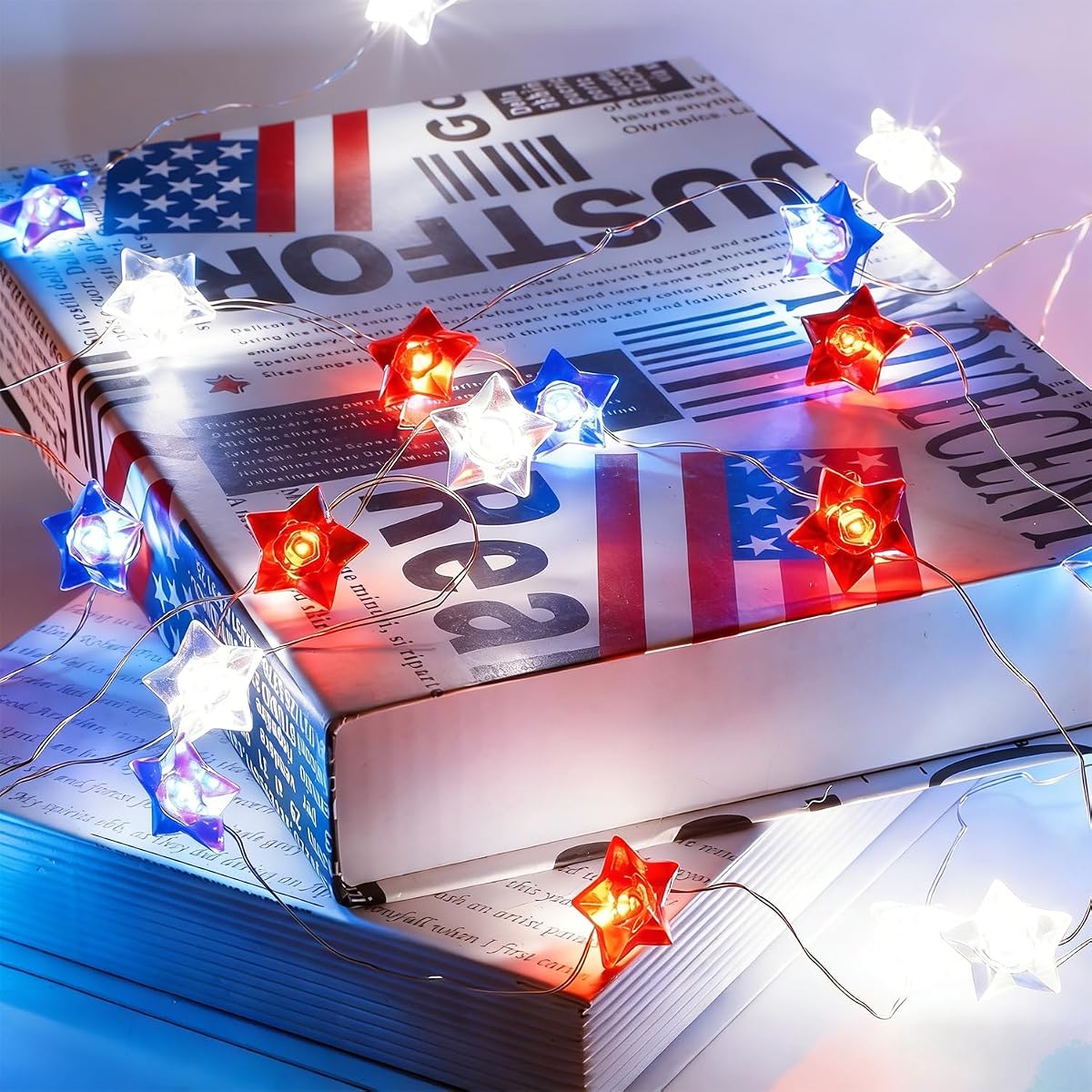 WATERGLIDE 2 Pack 4th of July String Lights, 16FT 50LED Red White and Blue Patriotic Star Lights, Battery Operated with 8 Modes & Timer, Waterproof Indoor Outdoor for Memorial Day Independence Day - detail image 5