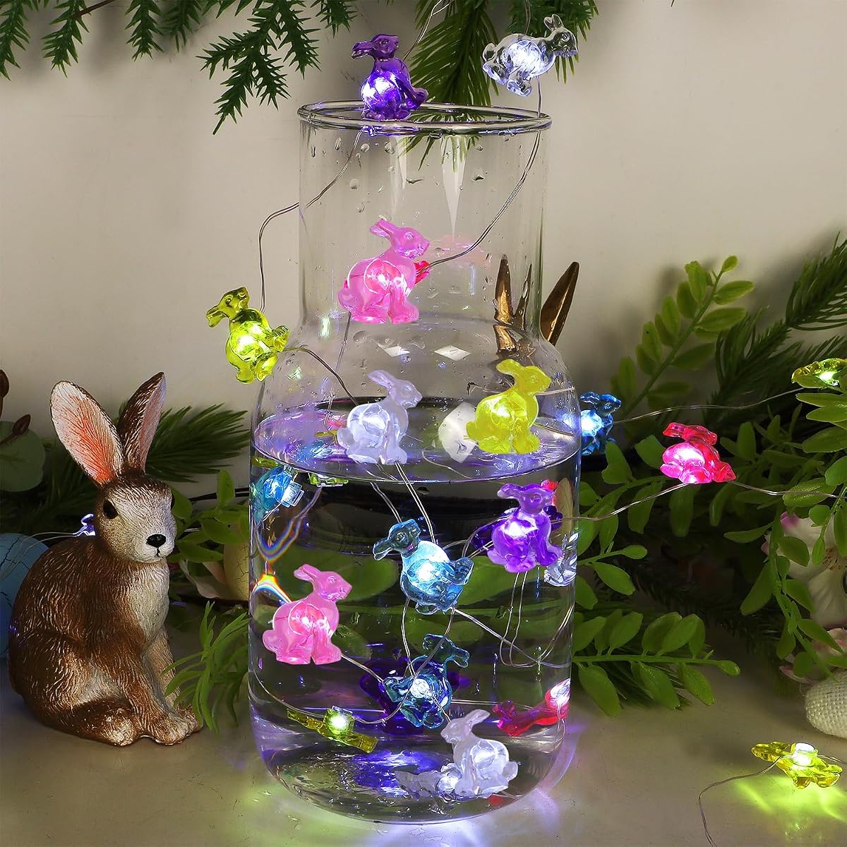 WATERGLIDE 1 Pack Easter Decorative Lights, 16FT 50LED Colorful Bunny String Fairy Lights, Battery Operated Rabbit Shaped Lights, 8 Modes & Timer, Waterproof Indoor Outdoor for Easter Party Home - 细节图 3