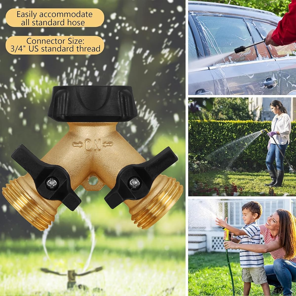 Biswing Garden Hose Splitter 2 Way, Heavy Duty Brass Connector Tap Splitter, Y Splitter 2 Valves with 2 Extra Rubber Washers - detail image 3