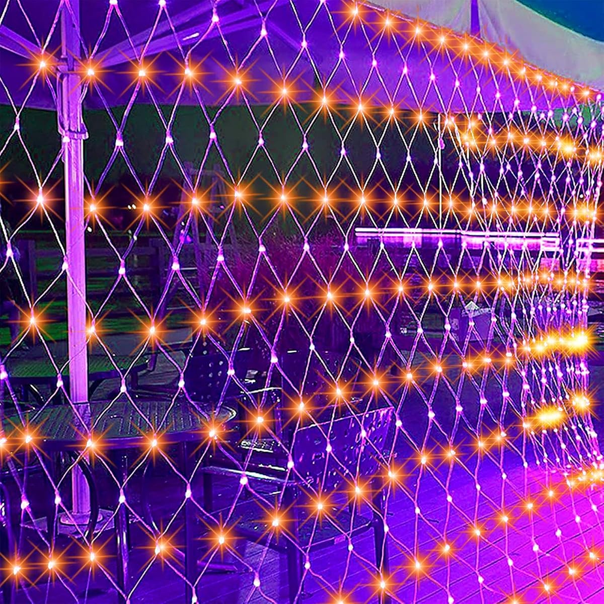 WATERGLIDE Outdoor Halloween Net Lights, 12FT x 5FT 360 LED Fairy String Light with 8 Lighting Modes, Connectable Light Safe Adaptor for Garden Tree Bushes Holiday Party Decorations, Orange & Purple - imagem de detalhe 3