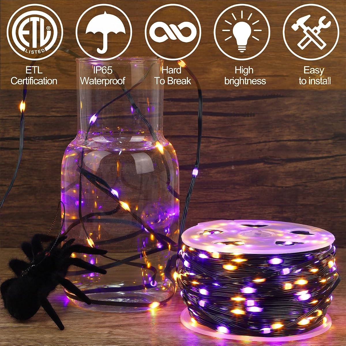 WATERGLIDE Extra Long 328FT Halloween Lights, 1000 LED Outdoor Fairy String Lights, Green PVC Copper Wire Christmas Light, Plug in 8 Modes & Waterproof for Tree Party Home Yard Decor, Orange&Purple - imagem de detalhe 2