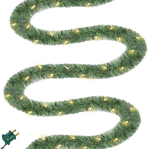 Biswing 50FT Pre-lit Christmas Green Garland, Lighted Artificial Pine Garlands with 100 Count Clear Incandescent Mini Lights, Light Up for Indoor Outdoor Gate Home Winter Holiday New Year Decorations
