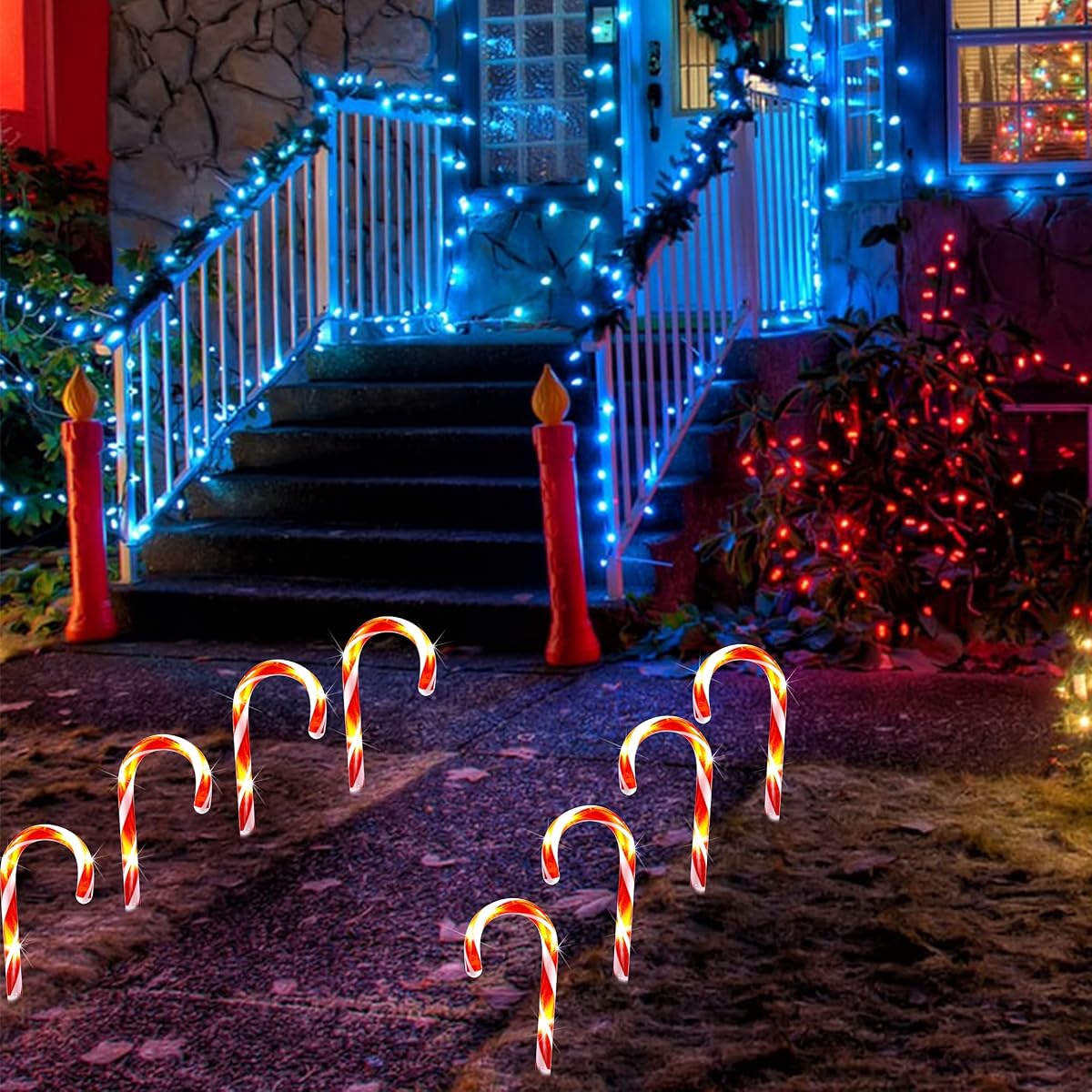 Biswing Christmas Outdoor Candy Cane Lights, 10 Pcs Christmas Pathway Markers with 60 Count Warm White Lights, Connectable for Indoor Outdoor Holiday Walkway Patio Garden Ornament - imagen de detalle 1