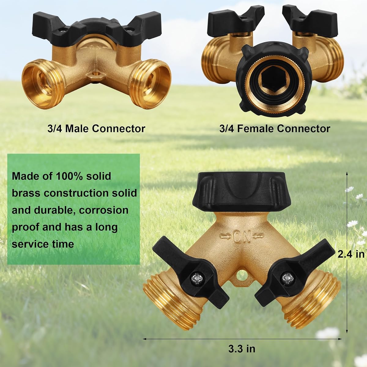 Biswing Garden Hose Splitter 2 Way, Heavy Duty Brass Connector Tap Splitter, Y Splitter 2 Valves with 2 Extra Rubber Washers - detail image 2
