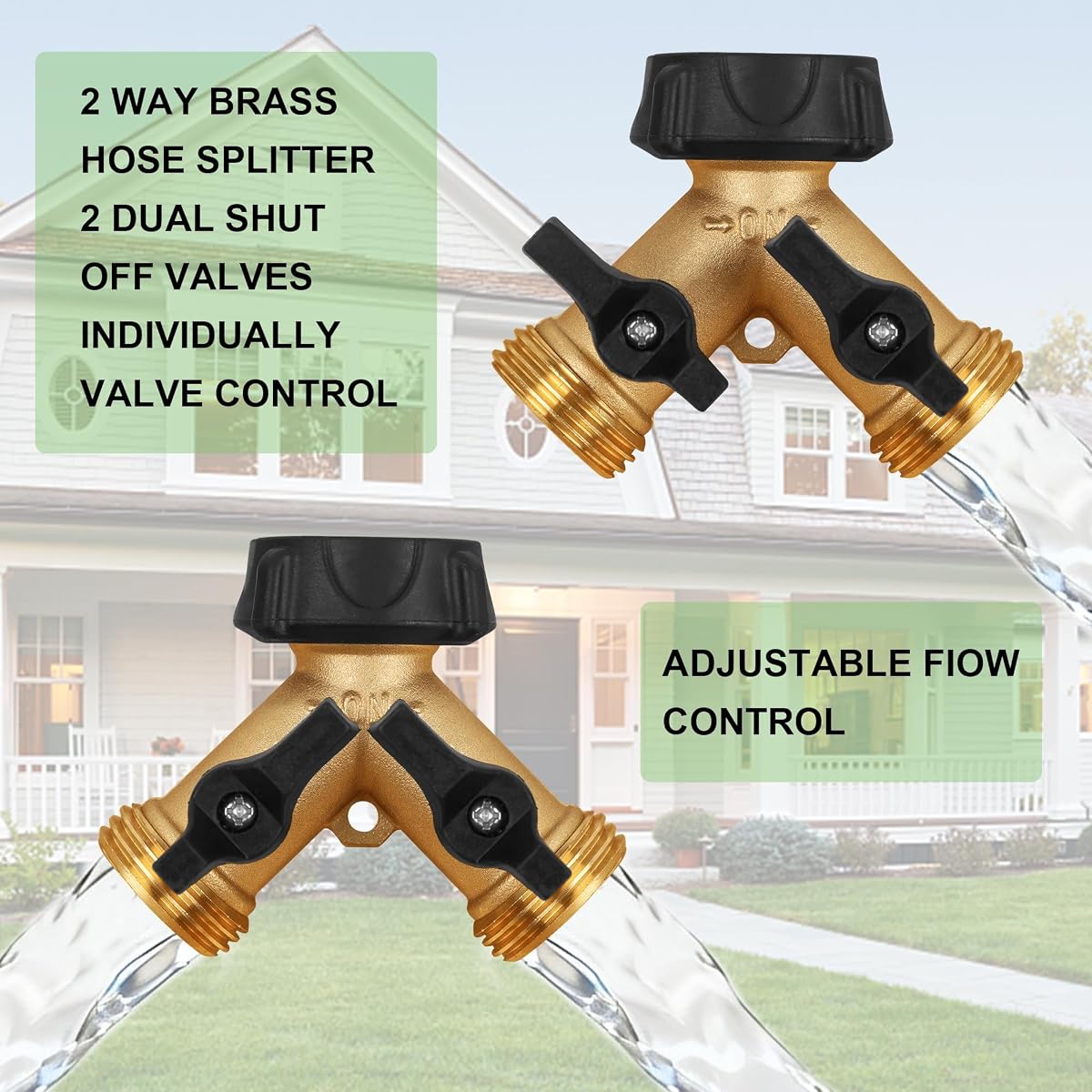 Biswing Garden Hose Splitter 2 Way, Heavy Duty Brass Connector Tap Splitter, Y Splitter 2 Valves with 2 Extra Rubber Washers - detail image 4