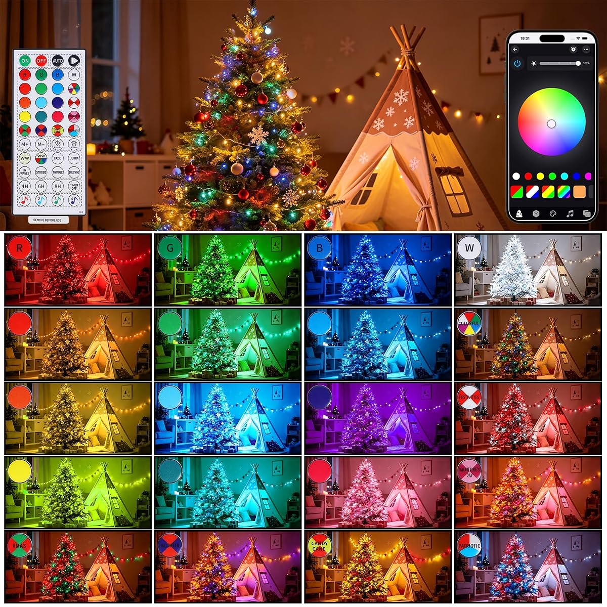 WATERGLIDE 300LED Smart Color Changing Halloween Lights with Remote & APP Controlled, 98.5ft RGB Fairy String Lights, Music Sync Multiple Modes, Waterproof Holiday Xmas Tree Home Indoor Outdoor Decor - imagen de detalle 6