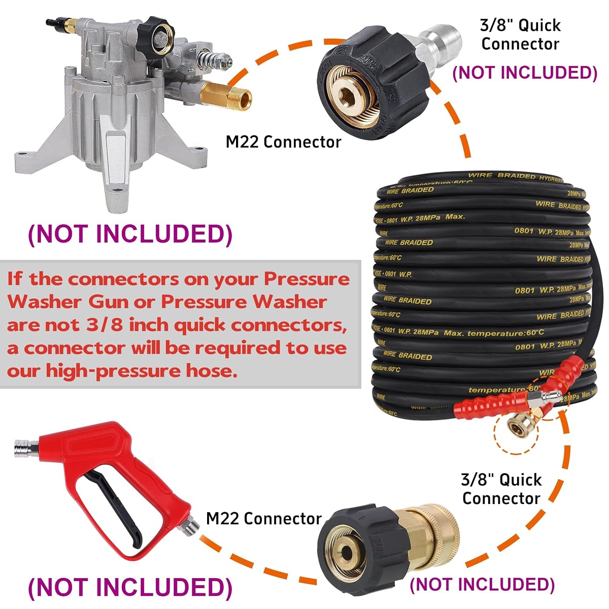 Biswing Pressure Washer Hose 50FT with 3/8 Inch Quick Connect, High Tensile Wire Braided Power Washer Hose, Kink Proof Extension Hose for Cars Floors Swimming Pool Washing, 4000 PSI - imagen de detalle 4