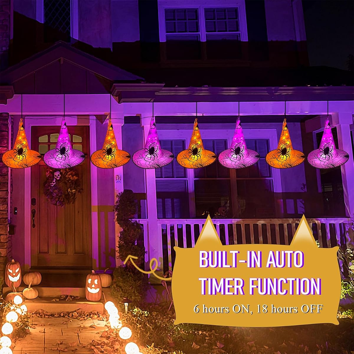 WATERGLIDE 2Pack Halloween Decorations, 8Pcs Each Lighted Hanging Witch Hats, Remote Control with 8 Modes Light Up 14 FT Halloween String Lights, for Indoor Outdoor Yard, Lawn, Graveyard Scenes Party - imagen de detalle 5