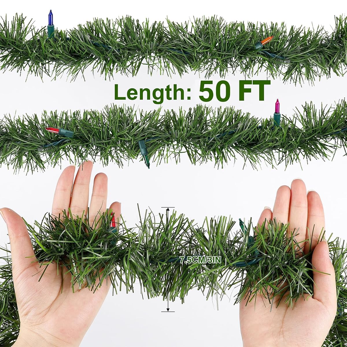 Biswing 50FT Pre-lit Christmas Green Garland, Lighted Artificial Pine Garlands with 100 Count Multicolor Mini Lights, Light Up for Indoor Outdoor Gate Home Winter Holiday New Year Decorations - imagem de detalhe 3