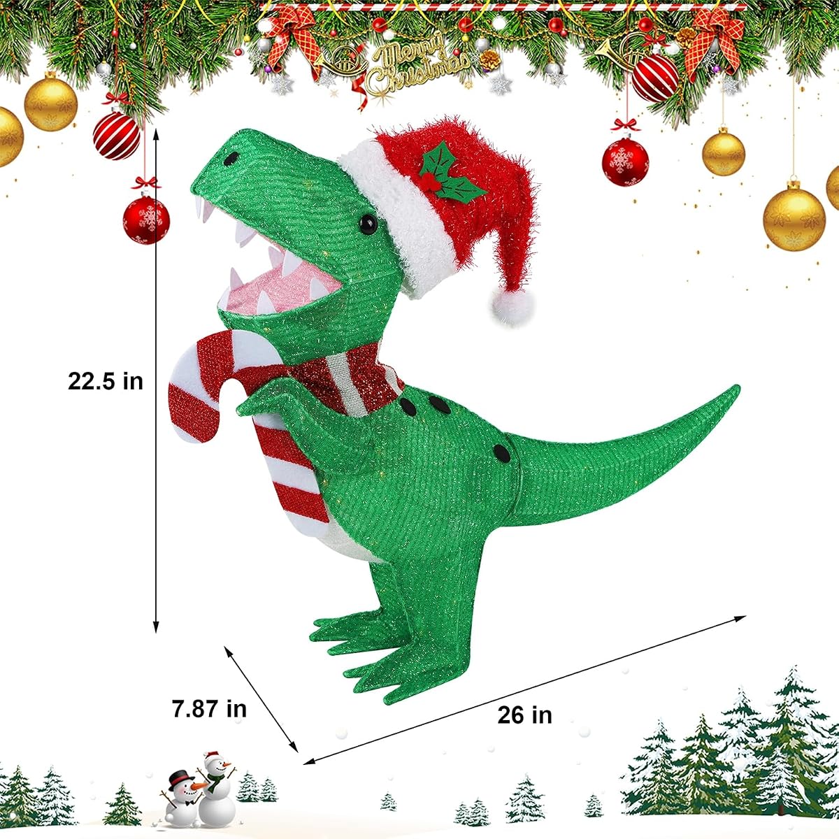 WATERGLIDE Lighted Christmas Green Dinosaur, 22.5 Inch Pre-Lit 3D Tinsel Tyrannosaurus Xmas Red Hat Outdoor Yard Decor, Light Up with Clear Lights & Plug in for Festive Holiday Garden Lawn Display - imagen de detalle 1