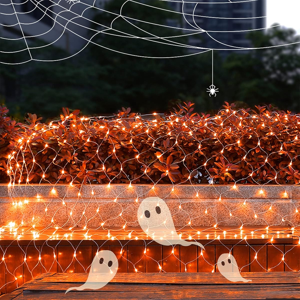 WATERGLIDE Outdoor Halloween Net Lights, 12FT x 5FT 360 LED Fairy String Light with 8 Lighting Modes, Connectable Light Safe Adaptor for Garden Tree, Bushes, Holiday Wedding Party Decorations, Orange - imagen de detalle 3