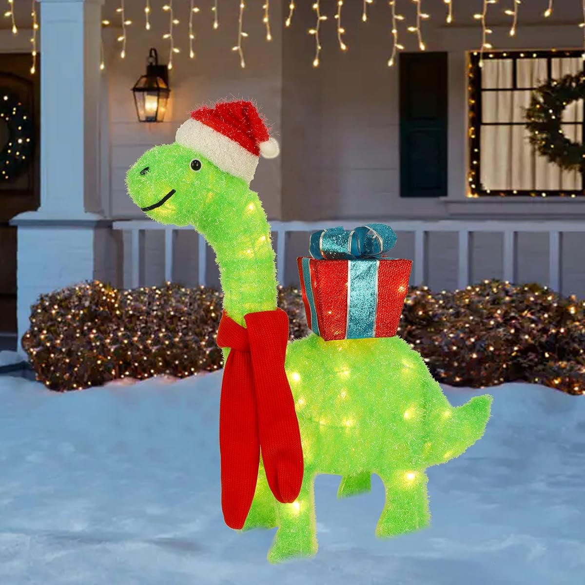 WATERGLIDE Lighted Christmas Green Dinosaur with Gift Box Decorations, 27 Inch Pre-Lit Light Up 3D Brachiosaurus Xmas Outdoor Yard Decor with Lights, for Festive Xmas Holiday Garden Lawn Display - 细节图 1