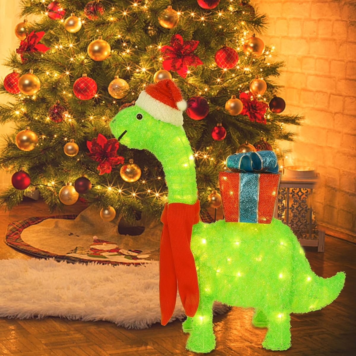 WATERGLIDE Lighted Christmas Green Dinosaur with Gift Box Decorations, 27 Inch Pre-Lit Light Up 3D Brachiosaurus Xmas Outdoor Yard Decor with Lights, for Festive Xmas Holiday Garden Lawn Display - 细节图 3