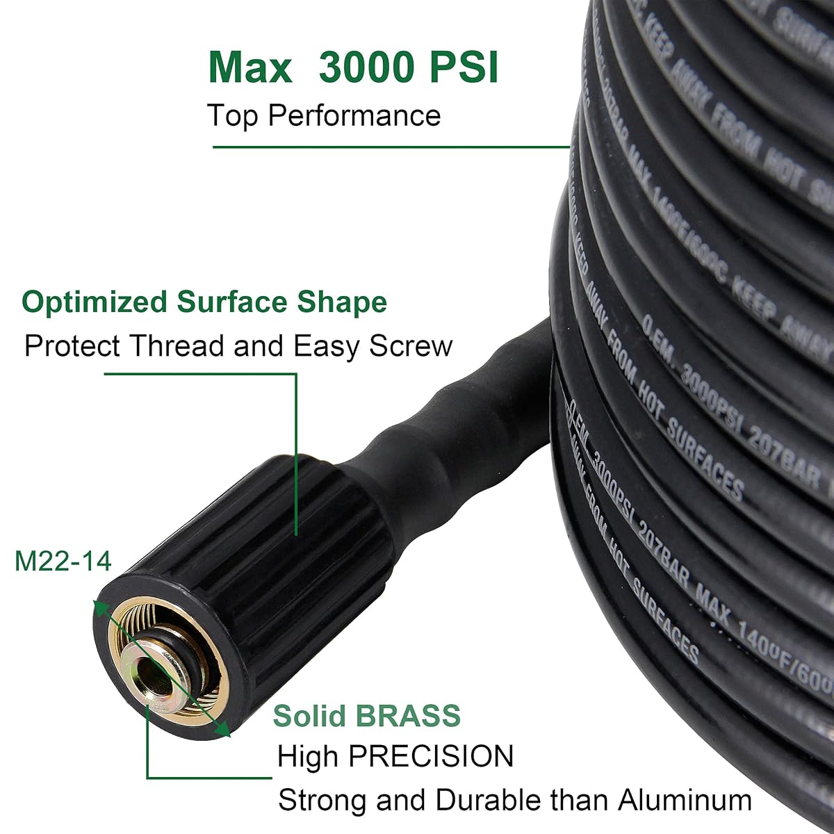 Biswing 1/4 Inch 50 FT High Pressure Washer Hose Kink Resistant Replacement With M22-14mm Brass Thread, Upgrade Heavy Duty & Wear Resistance Hose, 3000 PSI - 细节图 1
