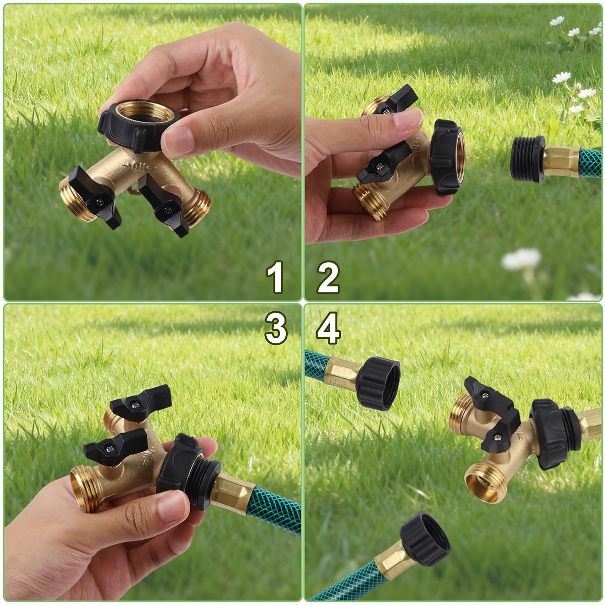 Biswing Garden Hose Splitter 2 Way, Heavy Duty Brass Connector Tap Splitter, Y Splitter 2 Valves with 2 Extra Rubber Washers - detail image 5
