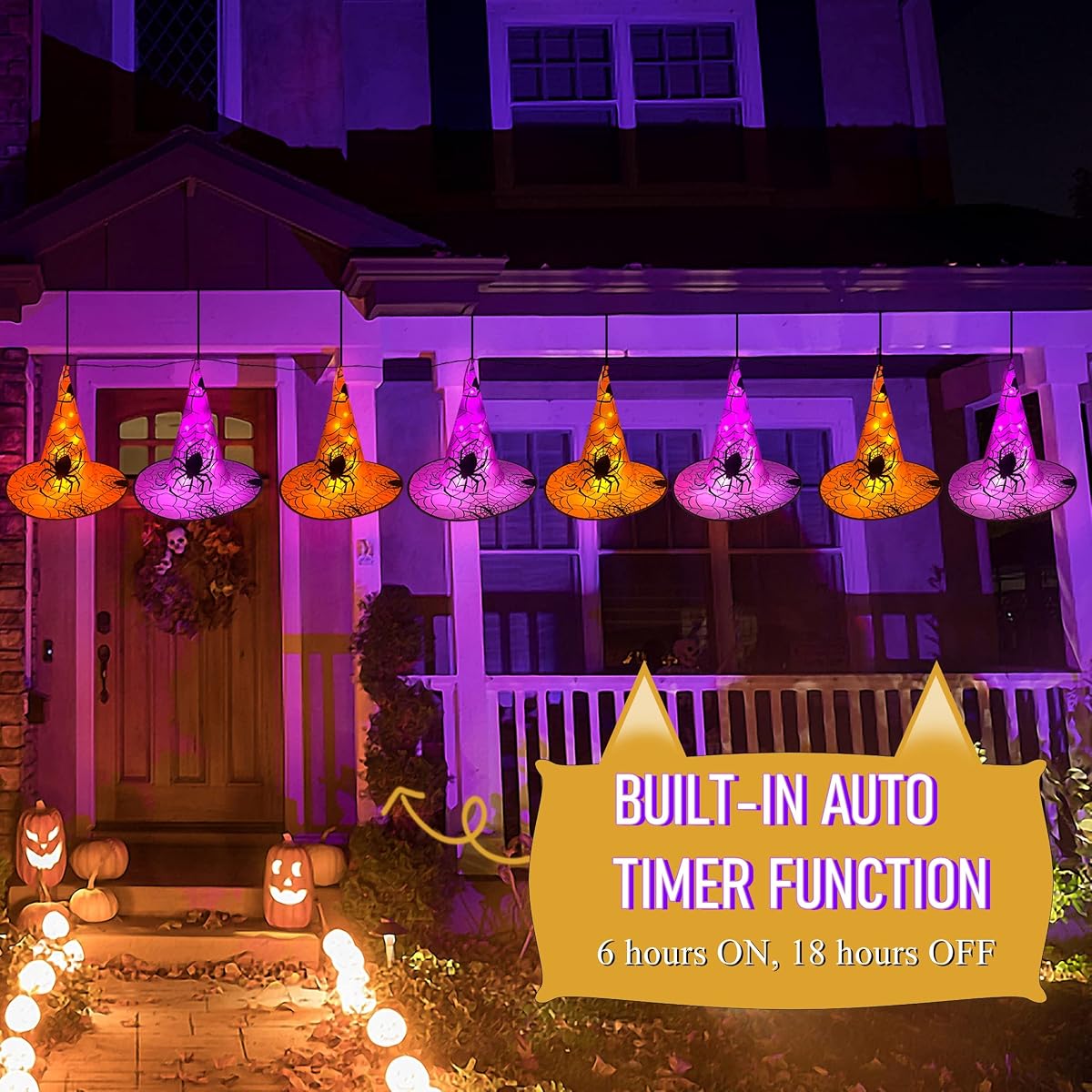 WATERGLIDE Halloween Decorations 8 Pcs Lighted Hanging Witch Hats, with 8 Modes Light Up 16 FT Halloween String Lights, for Indoor Outdoor Yard, Lawn, Graveyard Scenes Party - detail image 5