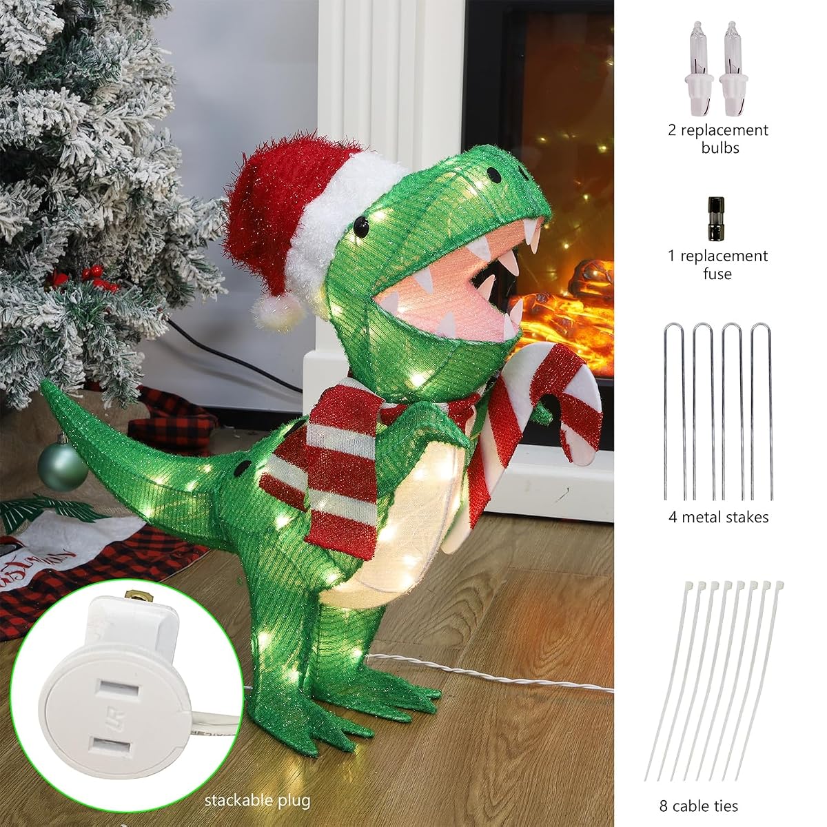 WATERGLIDE Lighted Christmas Green Dinosaur, 22.5 Inch Pre-Lit 3D Tinsel Tyrannosaurus Xmas Red Hat Outdoor Yard Decor, Light Up with Clear Lights & Plug in for Festive Holiday Garden Lawn Display - imagen de detalle 3