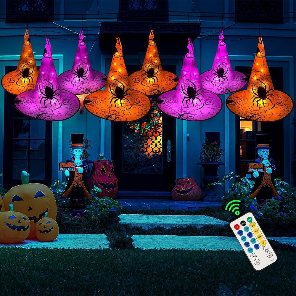 WATERGLIDE Halloween Decorations 8 Pcs Lighted Hanging Witch Hats, with 8 Modes Light Up 16 FT Halloween String Lights, for Indoor Outdoor Yard, Lawn, Graveyard Scenes Party