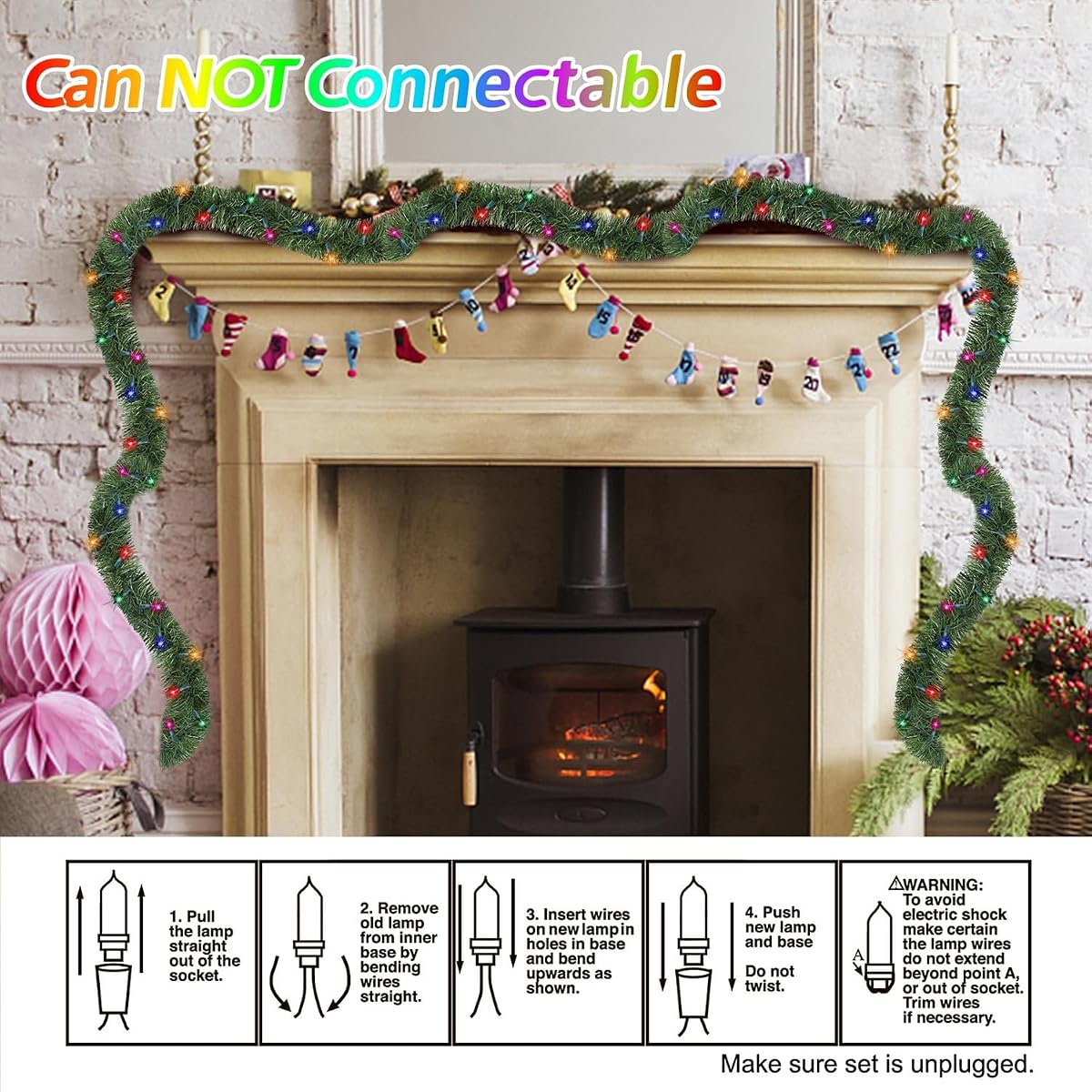 Biswing 50FT Pre-lit Christmas Green Garland, Lighted Artificial Pine Garlands with 100 Count Multicolor Mini Lights, Light Up for Indoor Outdoor Gate Home Winter Holiday New Year Decorations - imagem de detalhe 4