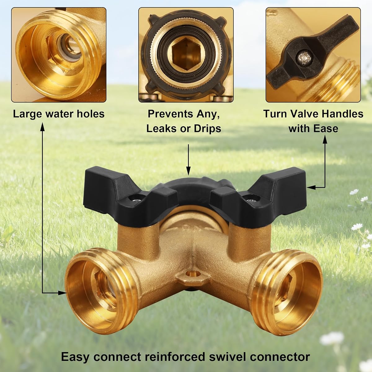 Biswing Garden Hose Splitter 2 Way, Heavy Duty Brass Connector Tap Splitter, Y Splitter 2 Valves with 2 Extra Rubber Washers - detail image 1