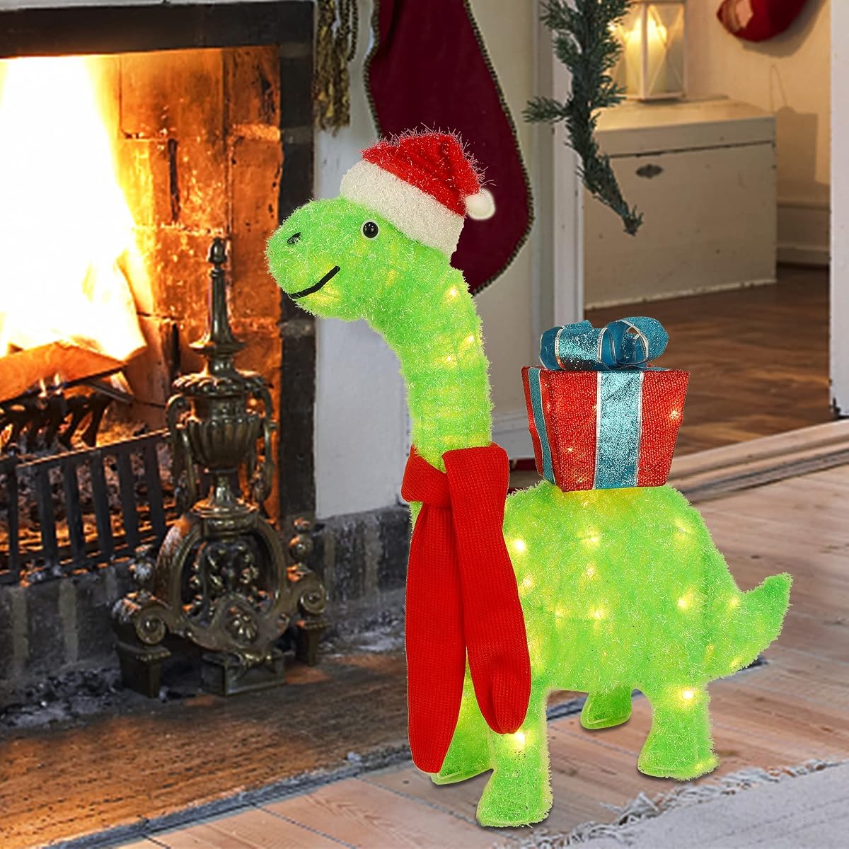 WATERGLIDE Lighted Christmas Green Dinosaur with Gift Box Decorations, 27 Inch Pre-Lit Light Up 3D Brachiosaurus Xmas Outdoor Yard Decor with Lights, for Festive Xmas Holiday Garden Lawn Display - 细节图 5