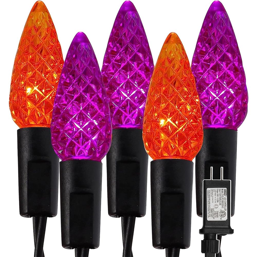 WATERGLIDE Halloween C6 String Lights, 33ft 100 LED Black Wire Fairy Lights with 29V Safe Adaptor, 8 Lighting Mode, Waterproof for Indoor Outdoor Patio Xmas Tree Party Decor, Orange & Purple