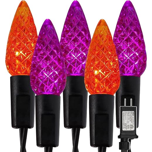 WATERGLIDE Halloween C6 String Lights, 33ft 100 LED Black Wire Fairy Lights with 29V Safe Adaptor, 8 Lighting Mode, Waterproof for Indoor Outdoor Patio Xmas Tree Party Decor, Orange & Purple