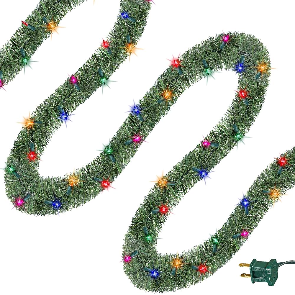 WATERGLIDE Lighted Christmas Green Garland 15FT, with Multicolor String Lights, Pre-lit Artificial Greenery Garlands, Plug in & Connectable Xmas Lights for Indoor Outdoor Holiday Party Decor