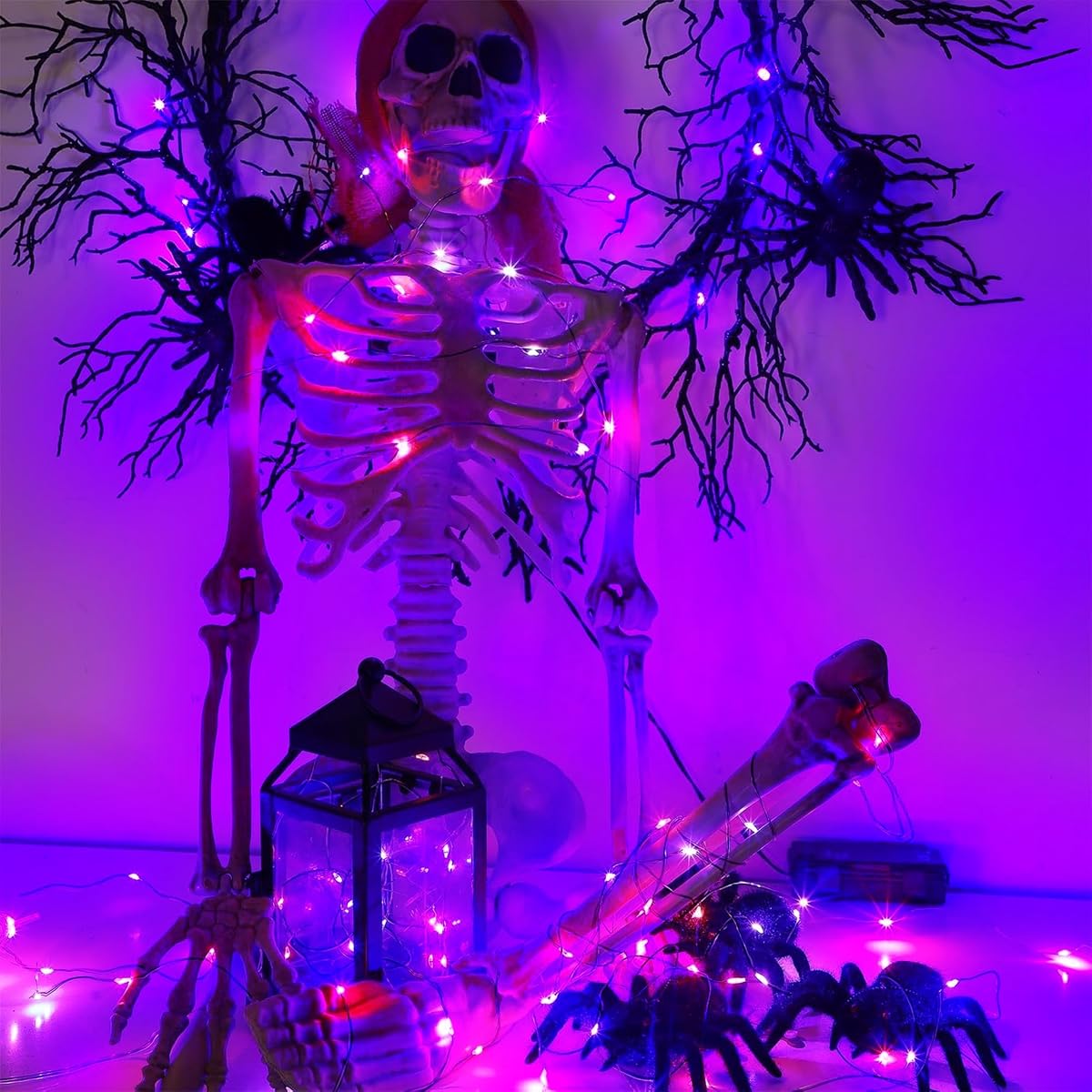 WATERGLIDE 12 Pack Halloween Fairy Lights Battery Operated (Included), 7 ft 20 LED Mini Firefly Starry String Lights, Waterproof Black Wire Light for DIY Mason Jar Table Halloween Decor, Purple - imagem de detalhe 1