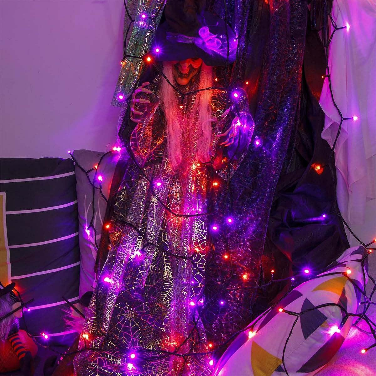 WATERGLIDE 1000 LED Halloween String Lights, 328 FT Green Wire LED Decorative Fairy Lights with Remote & 8 Modes, Waterproof for Outdoor Xmas Holiday Party Garden Wedding Home Decor, Orange & Purple - detail image 2