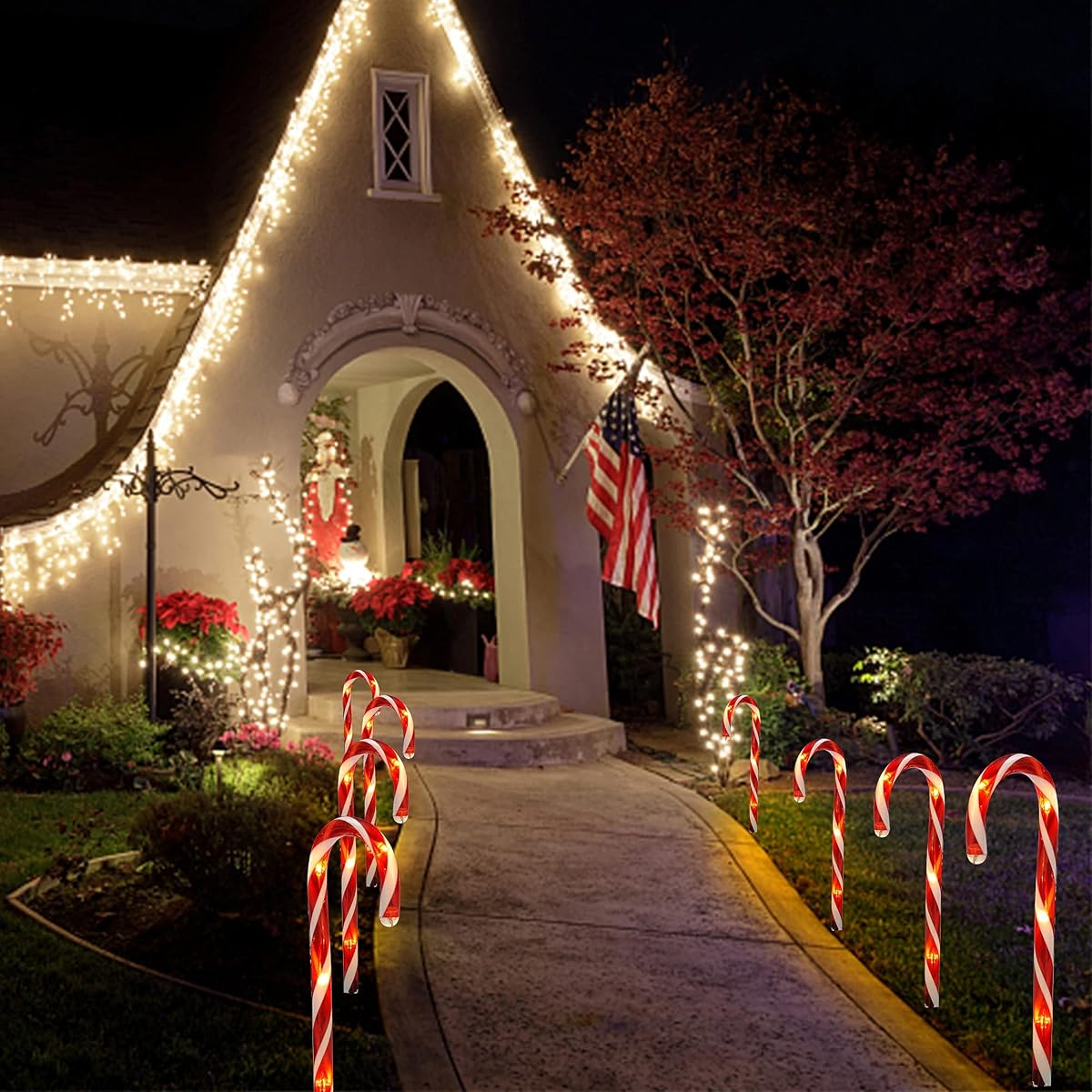 Biswing Christmas Outdoor Candy Cane Lights, 12 Pcs Christmas Pathway Markers with 72 Count Warm White Lights, Connectable for Indoor Outdoor Holiday Walkway Patio Garden Ornament - imagem de detalhe 2