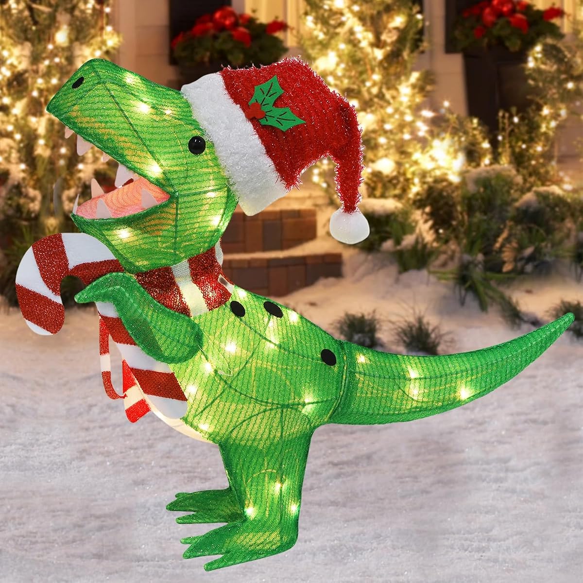 WATERGLIDE Lighted Christmas Green Dinosaur, 22.5 Inch Pre-Lit 3D Tinsel Tyrannosaurus Xmas Red Hat Outdoor Yard Decor, Light Up with Clear Lights & Plug in for Festive Holiday Garden Lawn Display - imagen de detalle 4