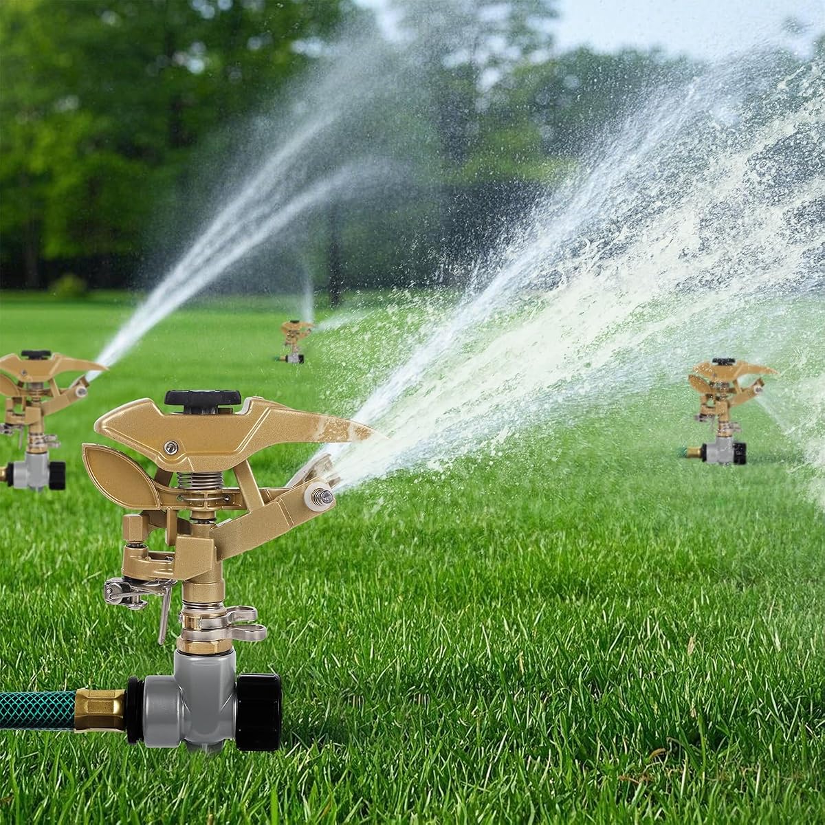Biswing 2 Pack Impact Sprinklers on Metal Step Spike, Heavy Duty Zinc Alloy Lawn Sprinkler Head on Spike Base, Adjustable 360 Degree Watering Sprinkler for Large Area Grass Garden Irrigation - detail image 4