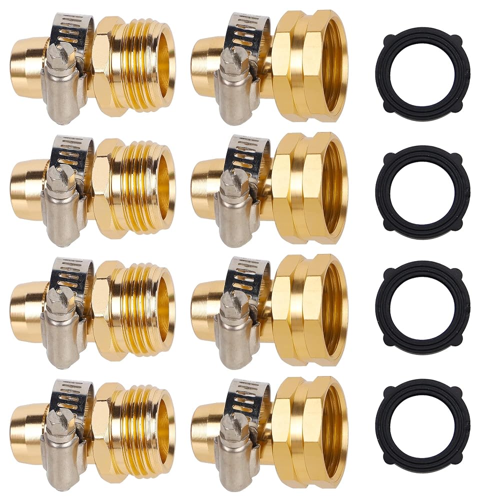 Biswing Garden Hose Repair Connector with Stainless Steel Clamps, 5/8" Barb x 3/4" GHT Thread Aluminum Water Hose Pipe Repair Kit, Female and Male Hose Connectors, 4 Pack