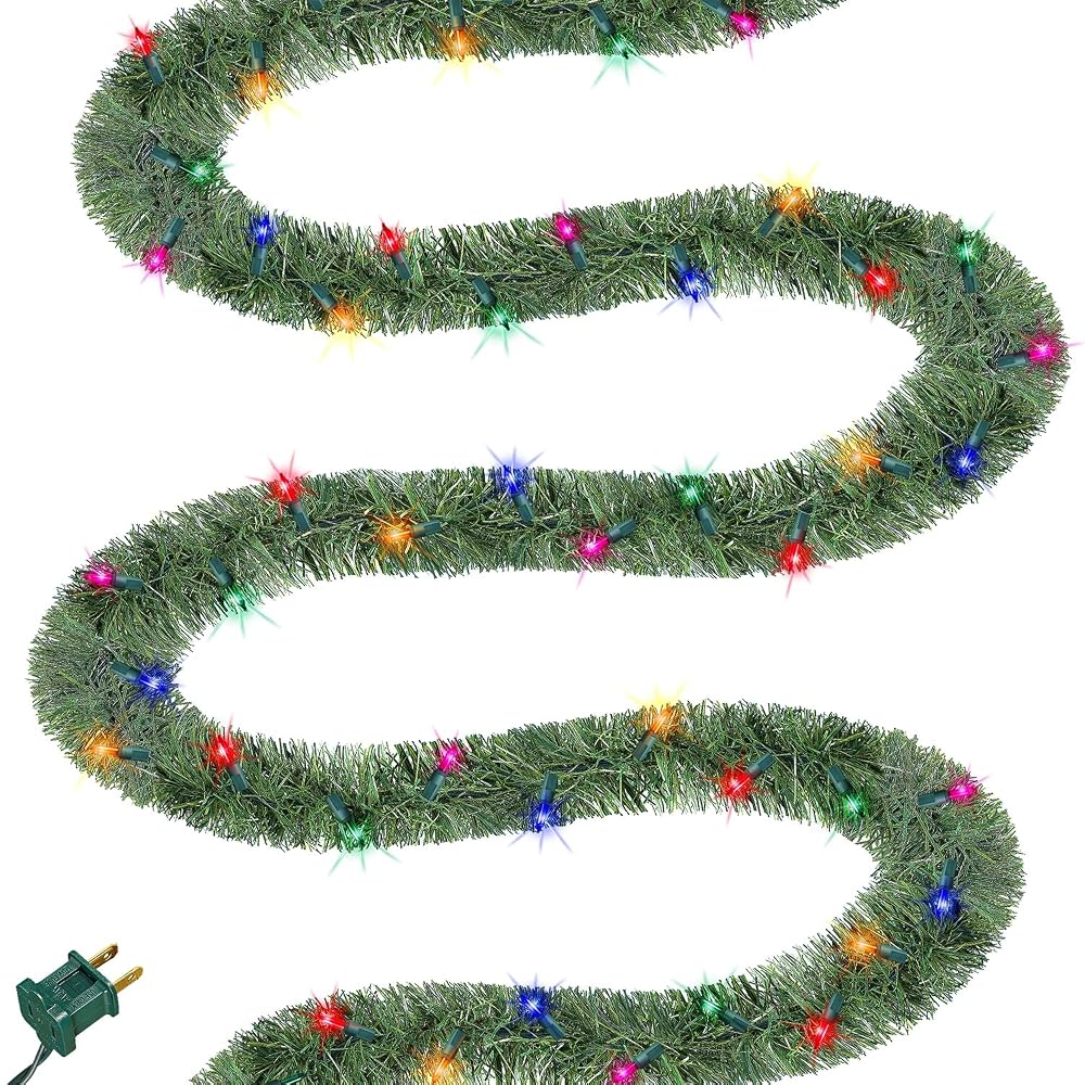 Biswing 50FT Pre-lit Christmas Green Garland, Lighted Artificial Pine Garlands with 100 Count Multicolor Mini Lights, Light Up for Indoor Outdoor Gate Home Winter Holiday New Year Decorations