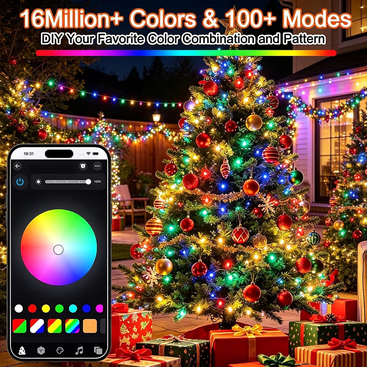 WATERGLIDE 300LED Smart Color Changing Halloween Lights with Remote & APP Controlled, 98.5ft RGB Fairy String Lights, Music Sync Multiple Modes, Waterproof Holiday Xmas Tree Home Indoor Outdoor Decor - imagen de detalle 2