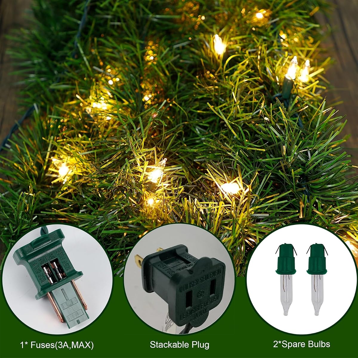 Biswing 50FT Pre-lit Christmas Green Garland, Lighted Artificial Pine Garlands with 100 Count Clear Incandescent Mini Lights, Light Up for Indoor Outdoor Gate Home Winter Holiday New Year Decorations - detail image 1