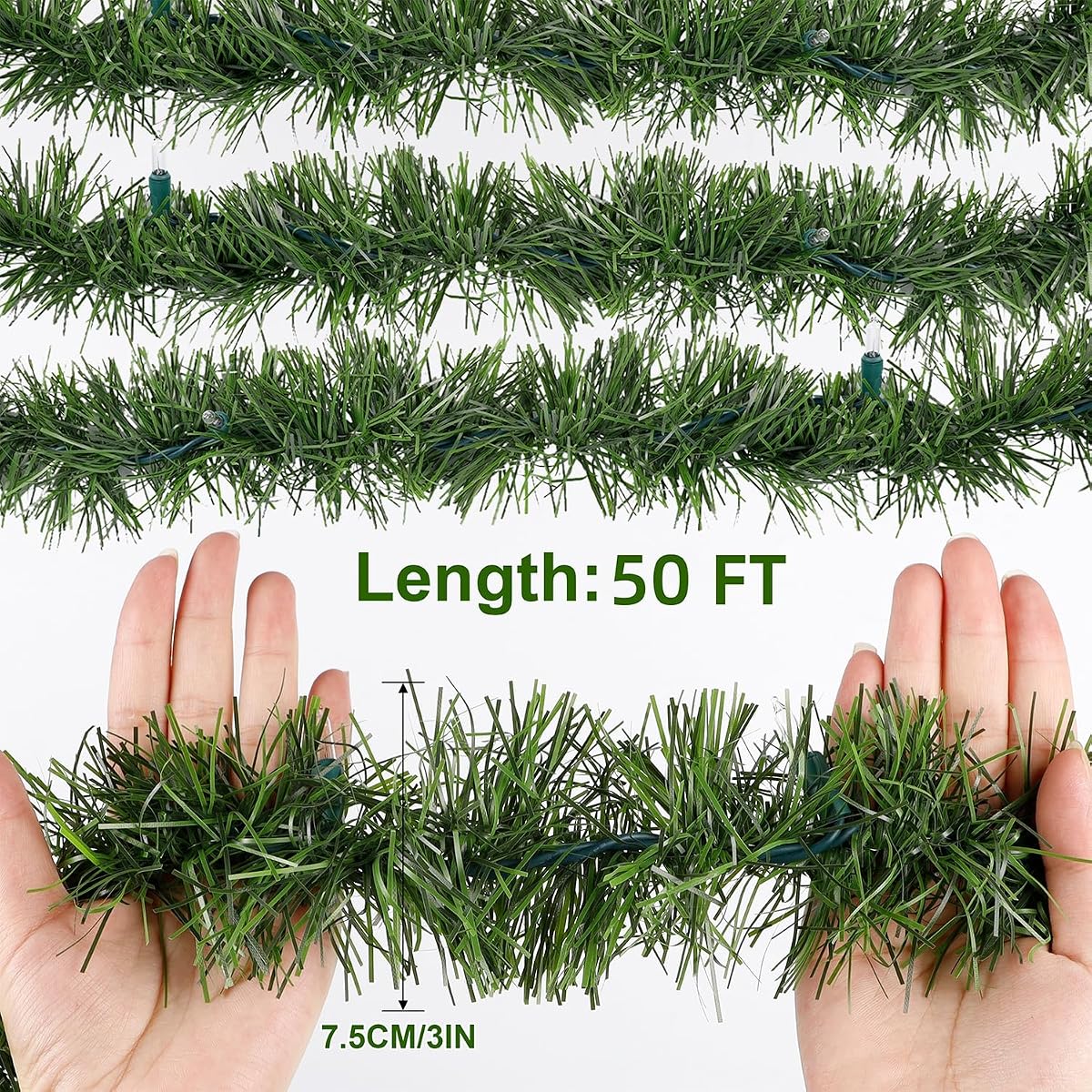 Biswing 50FT Pre-lit Christmas Green Garland, Lighted Artificial Pine Garlands with 100 Count Clear Incandescent Mini Lights, Light Up for Indoor Outdoor Gate Home Winter Holiday New Year Decorations - detail image 4