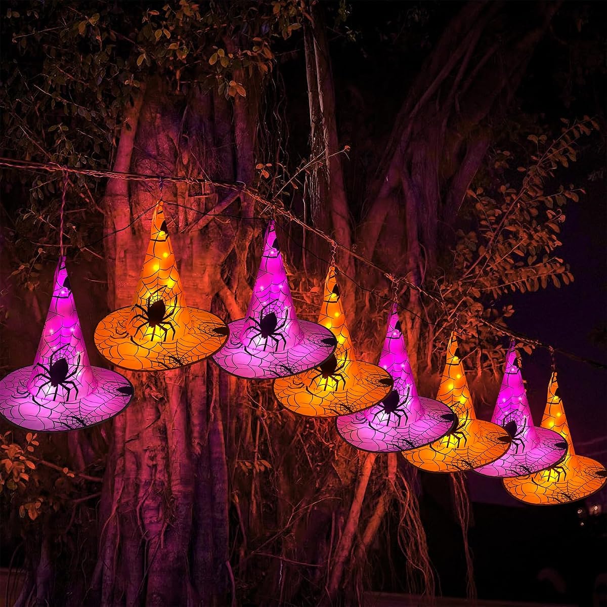 WATERGLIDE 2Pack Halloween Decorations, 8Pcs Each Lighted Hanging Witch Hats, Remote Control with 8 Modes Light Up 14 FT Halloween String Lights, for Indoor Outdoor Yard, Lawn, Graveyard Scenes Party - imagen de detalle 6
