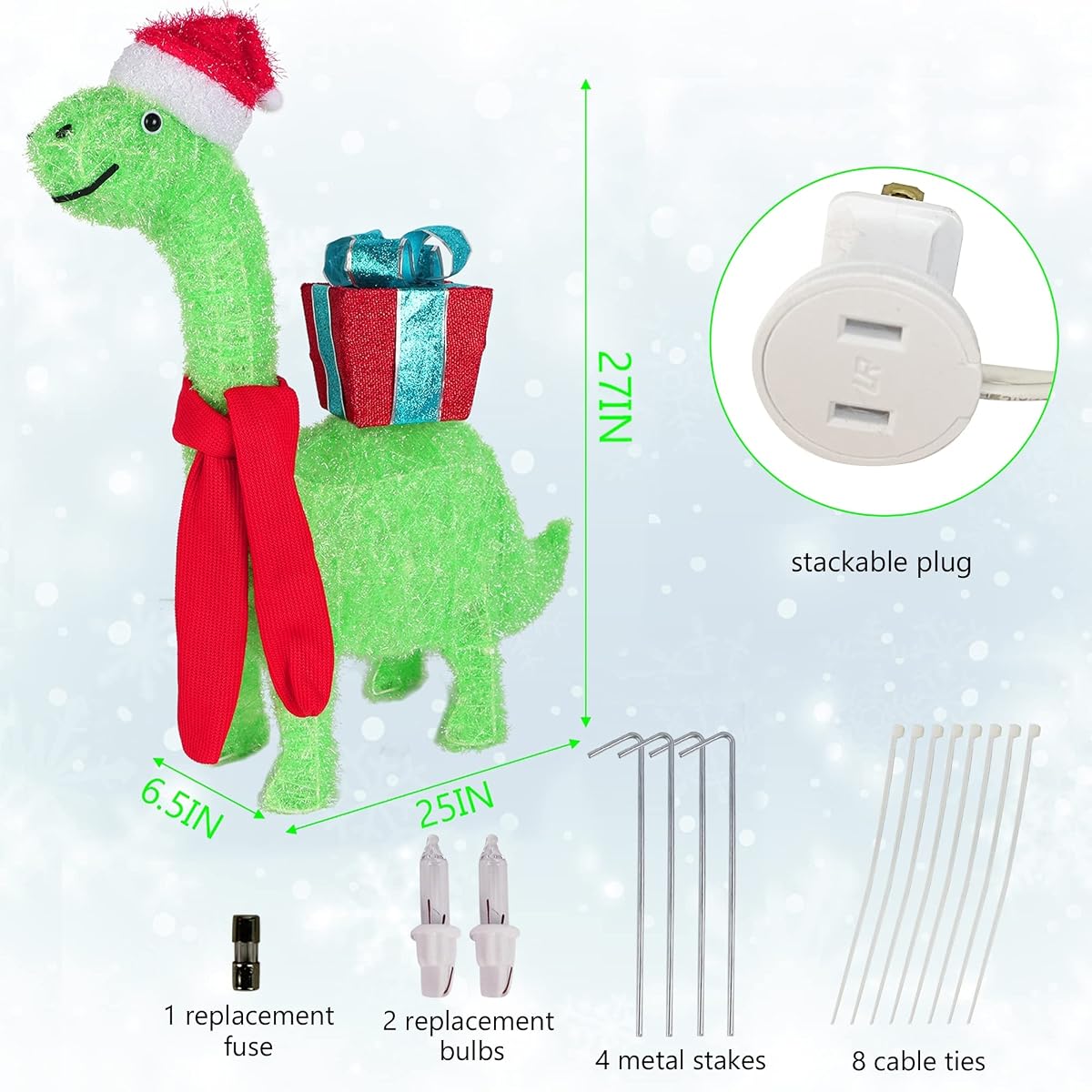 WATERGLIDE Lighted Christmas Green Dinosaur with Gift Box Decorations, 27 Inch Pre-Lit Light Up 3D Brachiosaurus Xmas Outdoor Yard Decor with Lights, for Festive Xmas Holiday Garden Lawn Display - 细节图 2